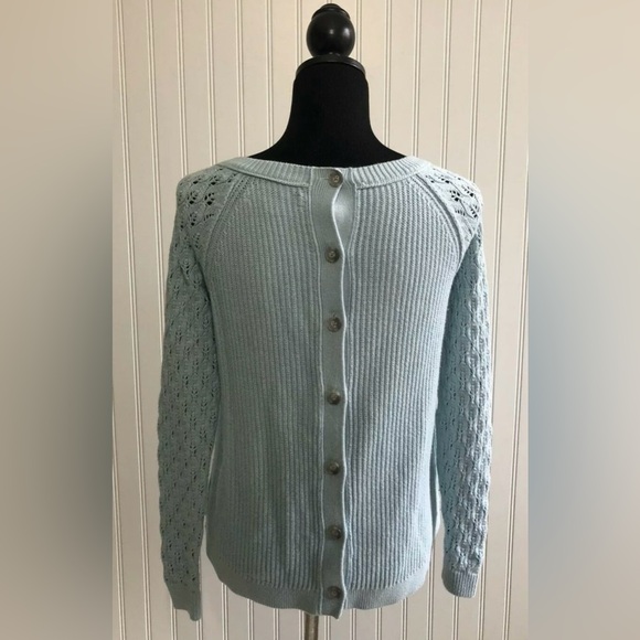 Ann Taylor Loft Open Knit Long Sleeve Sweater Womens Size Small Blue Back Button - Picture 1 of 12